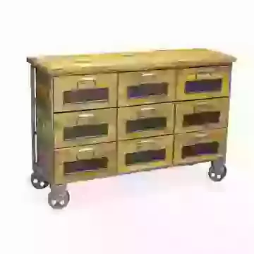 9 Drawer Mango Wood Apothecary Cabinet with Wheel Base